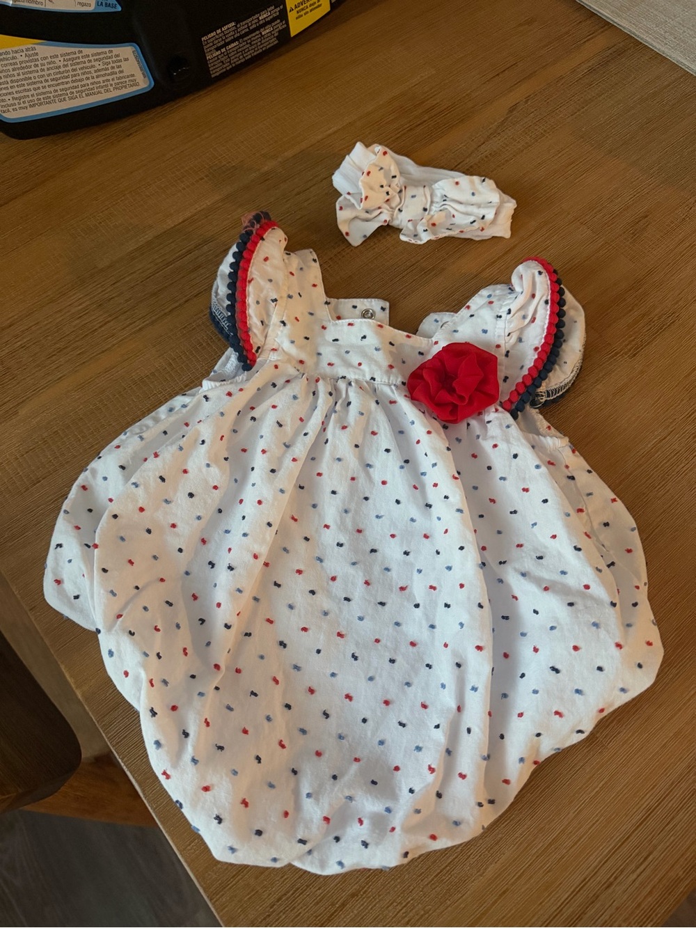Baby Essentials White Bubble Dress with Red Flower and Navy Trim